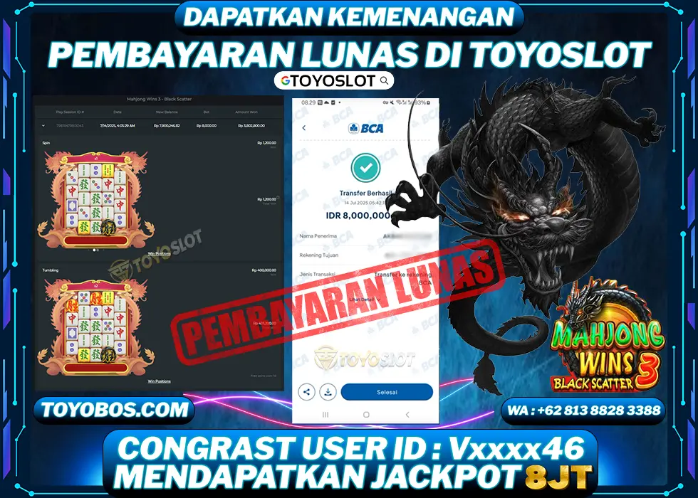 TOYOSLOT - BUKTI KEMENANGAN MAHJONG WINS 3 BLACK SCATTER Rp8,000,000,- LUNAS
